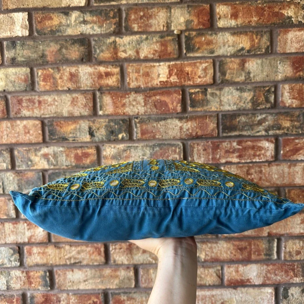 Bohemian‎ Blue Gold Embroidered Shisha Mirror Square Throw Pillow 15x15